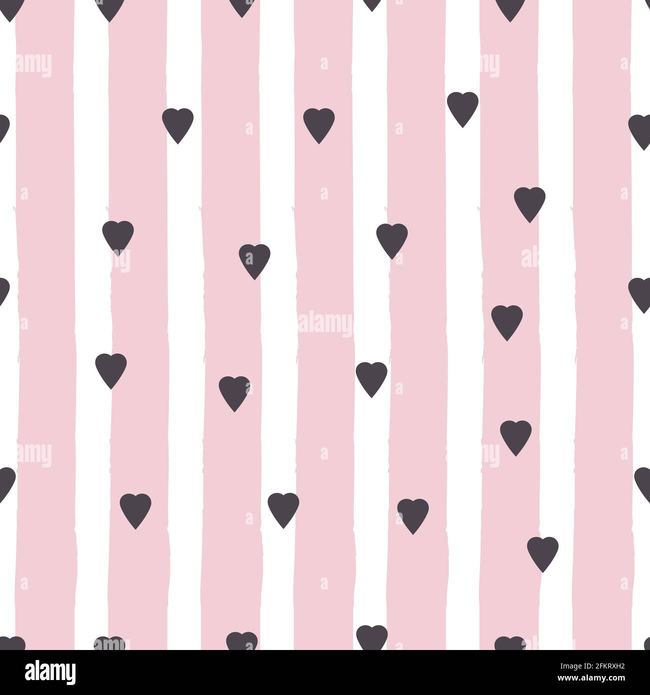 Romantico disegno senza giunture illustrazione vettoriale in design piatto piccolo nero confetti a forma di cuore su fondo rosa e bianco a righe Illustrazione Vettoriale