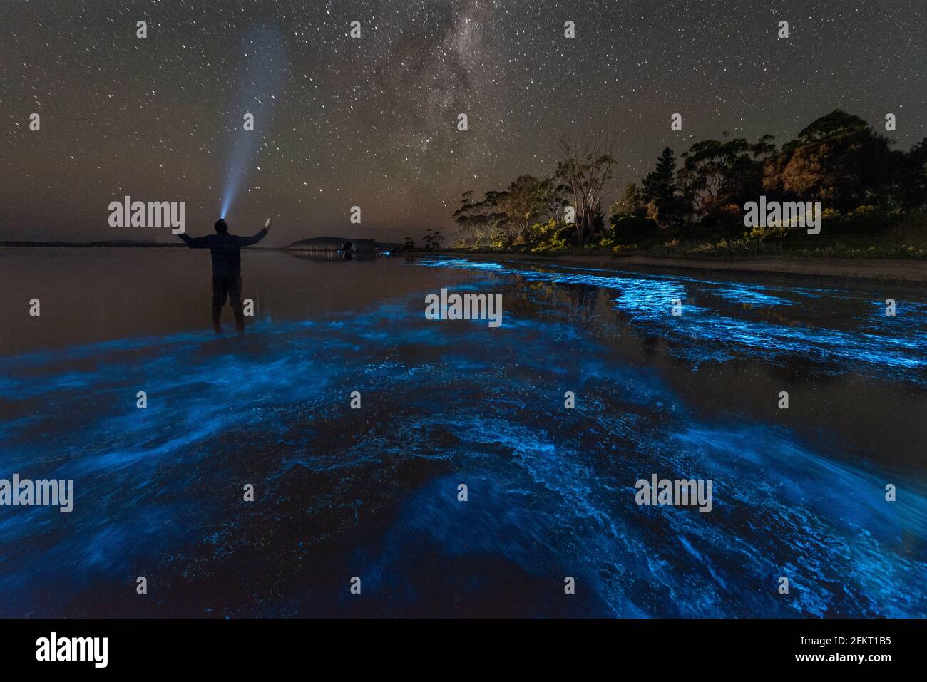 Selfie in bioluminescenza blu sotto la Via Lattea Foto Stock