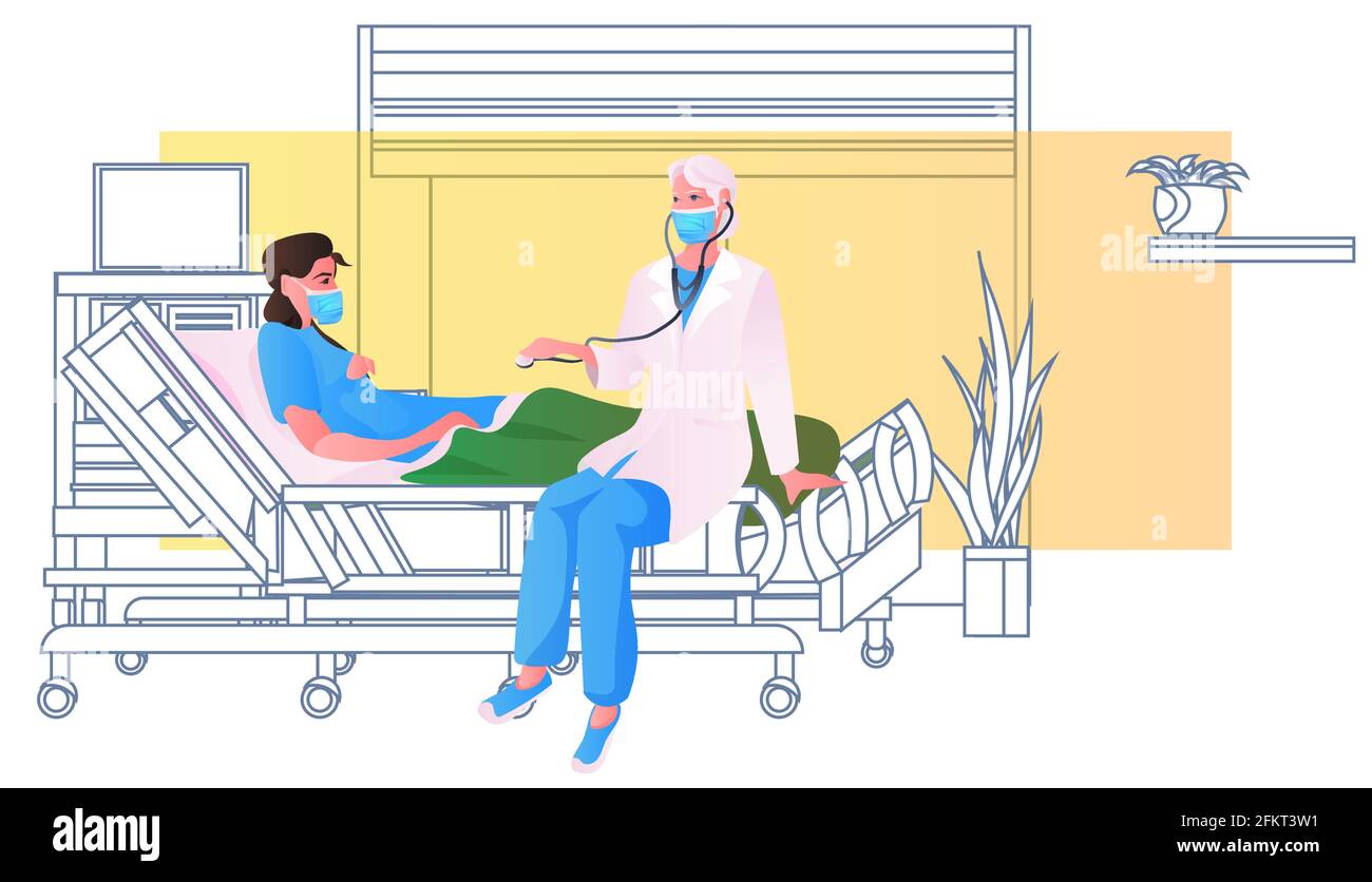medico in maschera usando stetoscopio che esamina la paziente incinta in consultazione ginecologica del letto dell'ospedale Illustrazione Vettoriale
