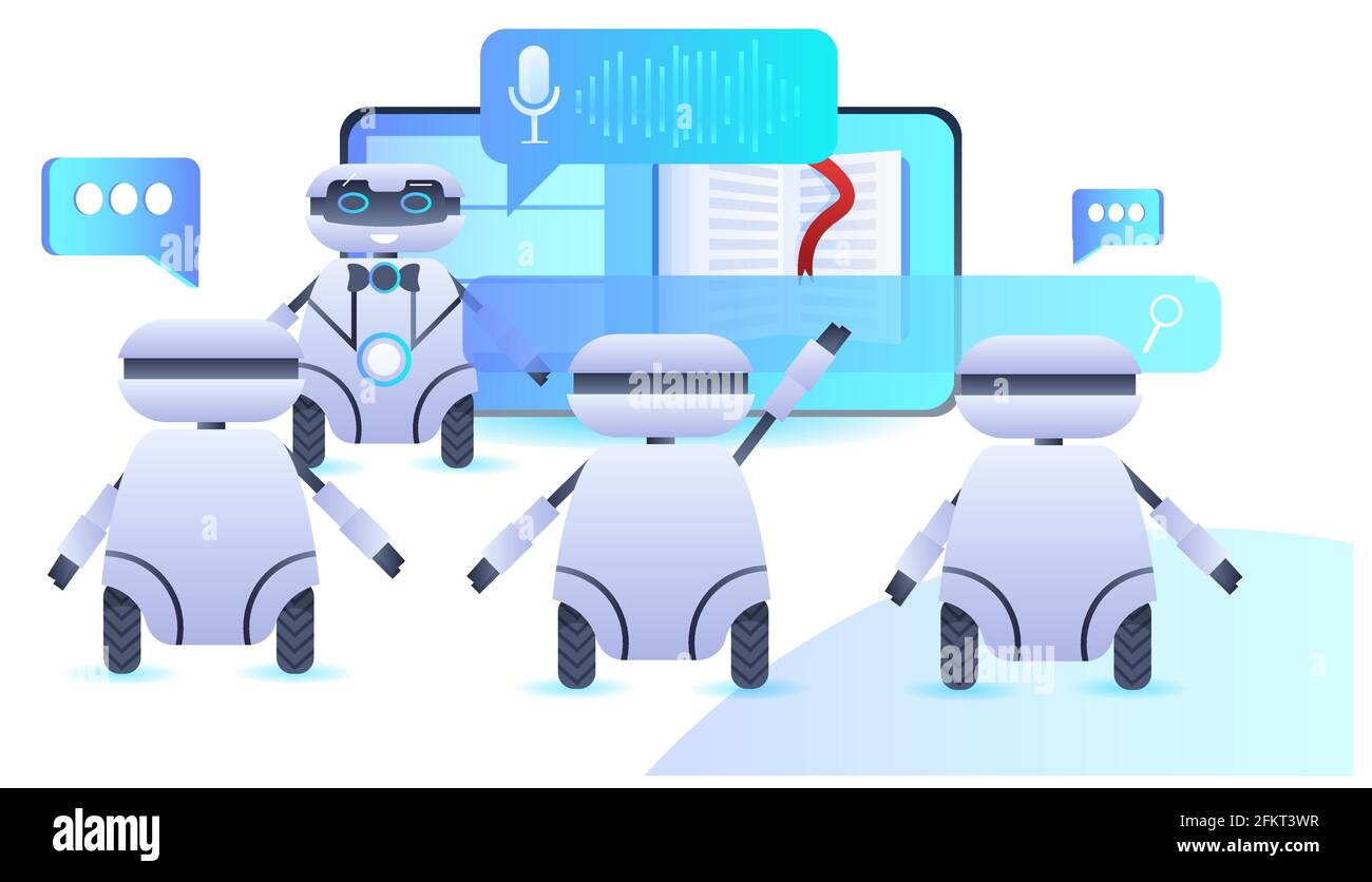 robot moderni chatbot assistenti messaggi vocali applicazione chat audio online comunicazione intelligenza artificiale Illustrazione Vettoriale