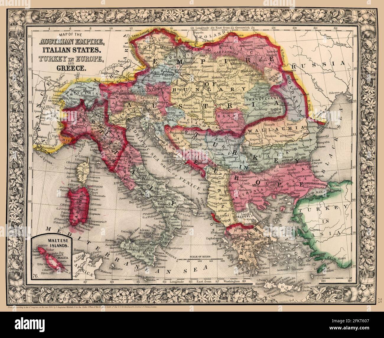 Titolo originale: 'ap dell'Impero austriaco, Stati italiani, Turchia in Europa e Grecia; isole maltesi [inset].' La data di pubblicazione delle mappe era il 1863. Si tratta di una riproduzione della mappa storica splendidamente dettagliata che mostra i confini politici e i punti di riferimento importanti.si noti che la longitudine è data sia da Greenwich che da Washington, D.C. mostra i confini politici, le città e i mari. Foto Stock