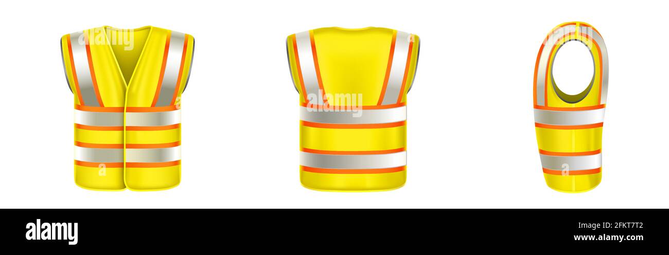 Giubbotto di sicurezza giallo con strisce riflettenti, uniforme per lavori edili, conducenti e lavoratori stradali. Gilet 3D vettoriale realistico con riflettori nella vista posteriore laterale anteriore isolato su sfondo bianco Illustrazione Vettoriale