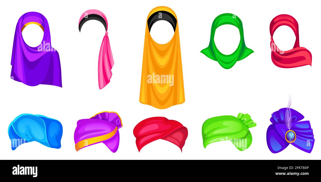 Set di copricapo turbano e hijab per uomo e donna, cappelli avvolgenti orientali e indiani di diversi colori, forme e design. Sciarpa araba per donna, pagdi per uomo, illustrazione vettoriale di Cartoon, clip art Illustrazione Vettoriale Set di copricapo turbano e hijab per uomo e donna, cappelli avvolgenti orientali e indiani di diversi colori, forme e design. Sciarpa araba per donna, pagdi per uomo, illustrazione vettoriale di Cartoon, clip art Illustrazione Vettoriale