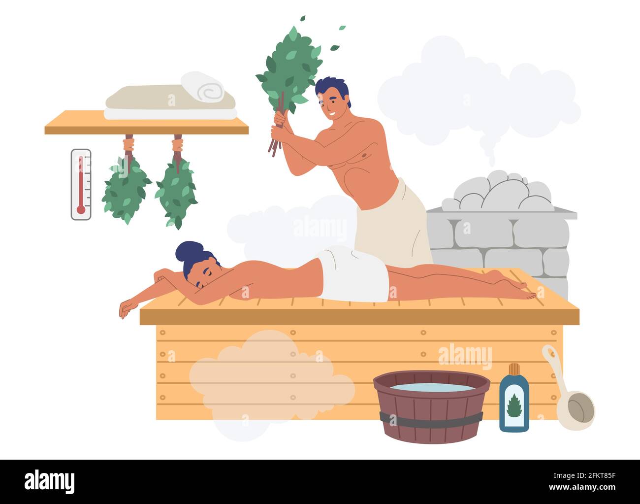 Felice coppia godendo bagno di vapore, sauna, illustrazione vettoriale piatta. Centro benessere, bagno turco, vasca per la terapia. Illustrazione Vettoriale