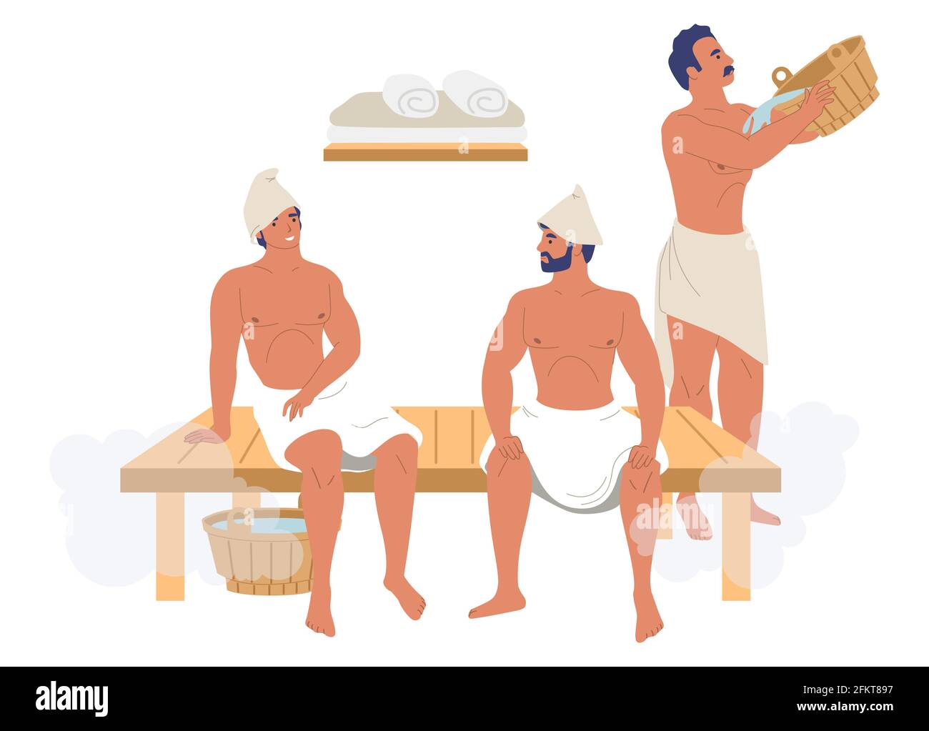 Personaggi maschili, amici che godono di bagno di vapore, sauna, illustrazione vettoriale piatta. Centro benessere, bagno turco, vasca per la terapia Illustrazione Vettoriale