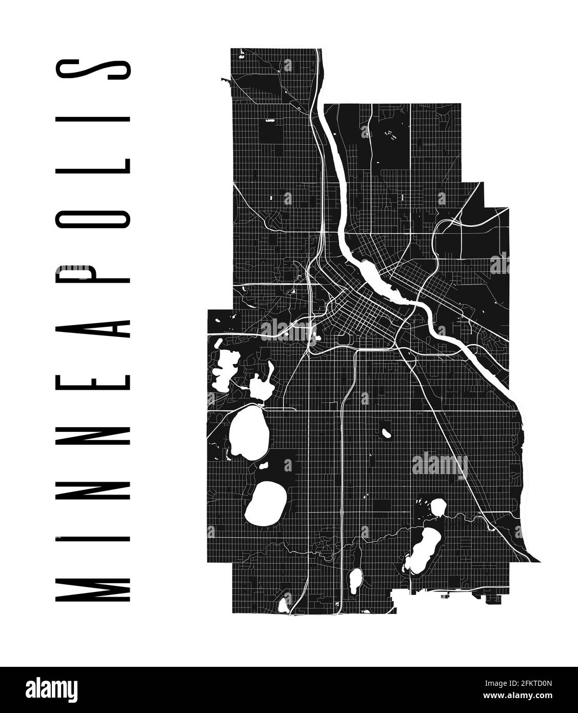 Mappa di Minneapolis. Mappa vettoriale dettagliata dell'area amministrativa della città di Minneapolis. Poster del paesaggio urbano vista aria metropolitana. Terra nera con strade bianche, Illustrazione Vettoriale