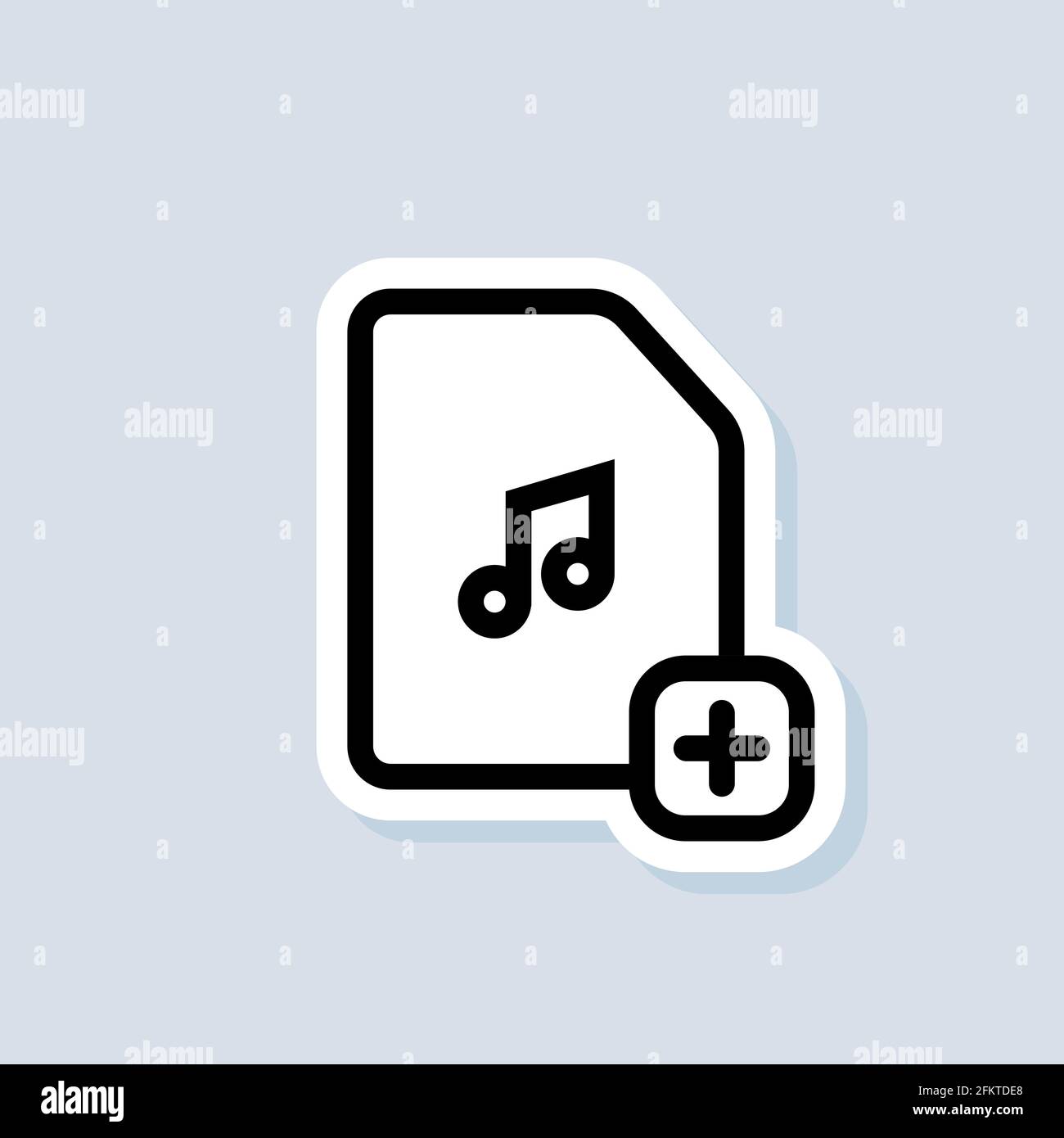 Adesivo, logo, icona della cartella musicale. Vettore. Aggiungere musica. Cartella Musica con segno di aggiunta. Vettore su sfondo bianco isolato. EPS 10 Illustrazione Vettoriale
