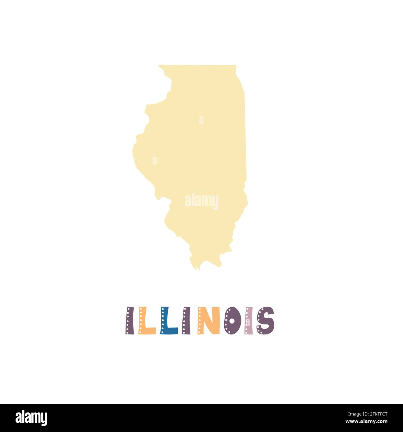Illinois mappa isolata. Collezione USA. Mappa dell'Illinois - silhouette gialla. Scritta doodling su bianco Illustrazione Vettoriale