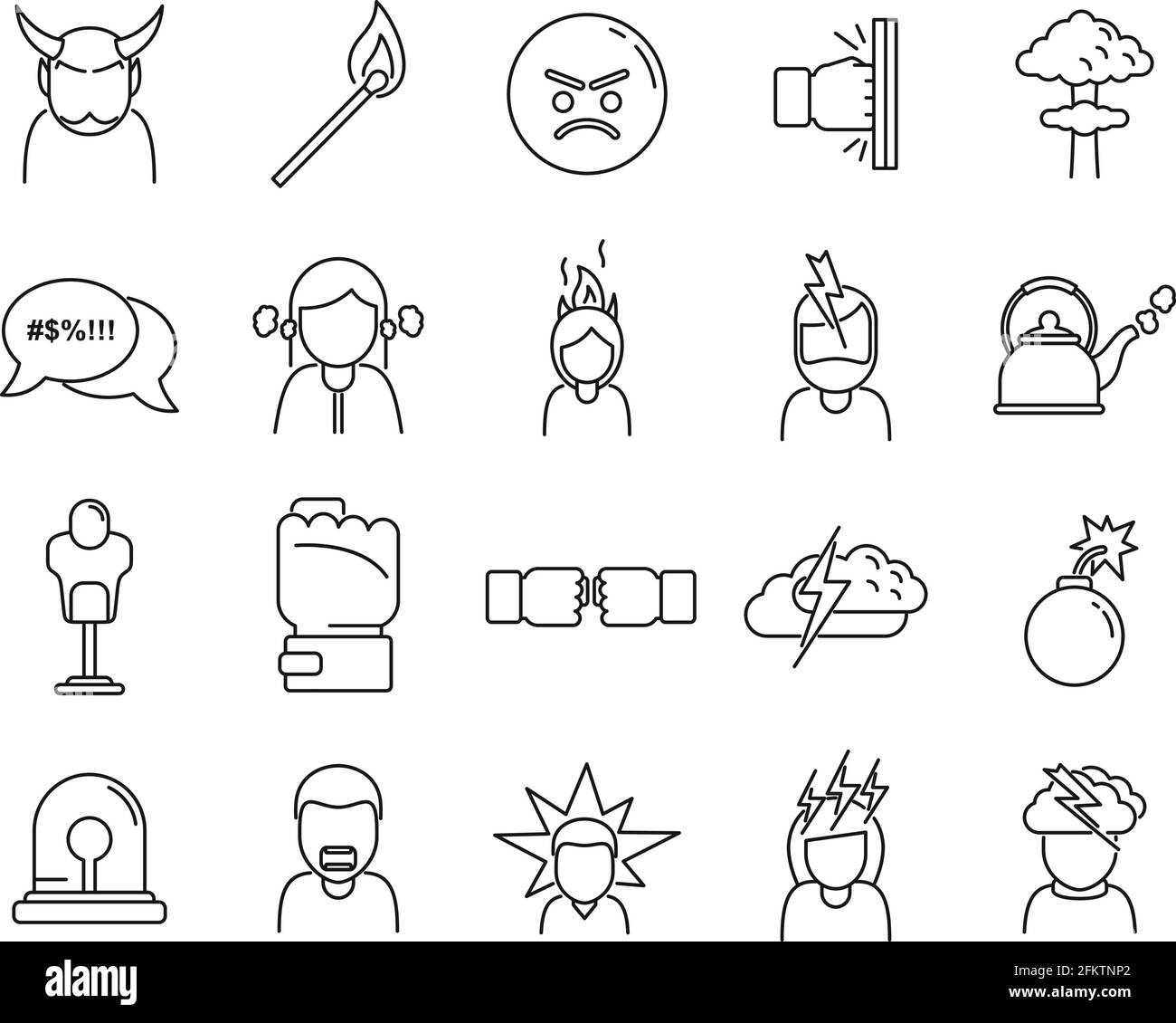 Set di icone aggressive Rage, stile outline Illustrazione Vettoriale