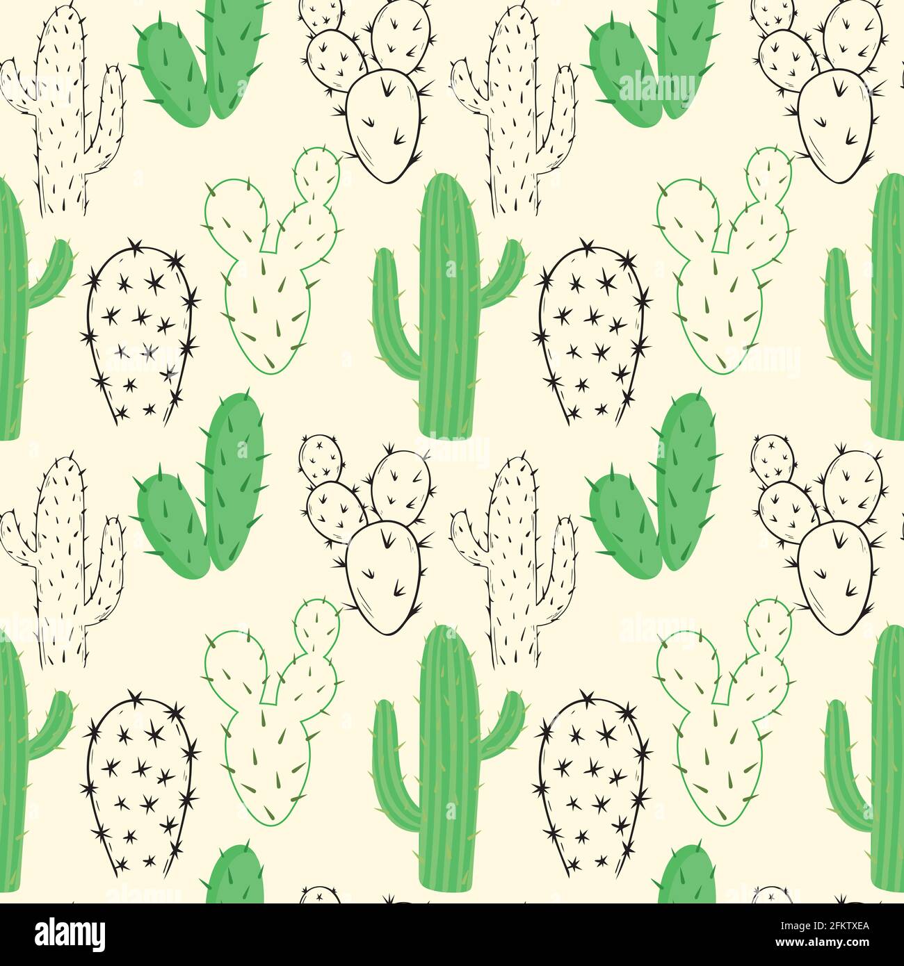 Pattern con cactus, vettore. Vegetazione del deserto. Illustrazione Vettoriale