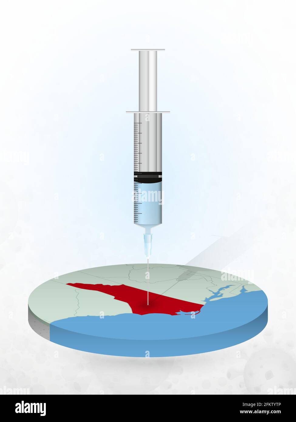 Vaccinazione della Carolina del Nord, iniezione di una siringa in una mappa della Carolina del Nord. Illustrazione vettoriale di una siringa con vaccino e mappa. Illustrazione Vettoriale