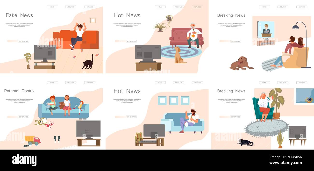 Set di modelli di pagina Web di destinazione spettatori che guardano la TV. Le persone addicted dai programmi TV si siedono sul divano morbido o sulla poltrona. Propaganda televisiva, film o sh Illustrazione Vettoriale
