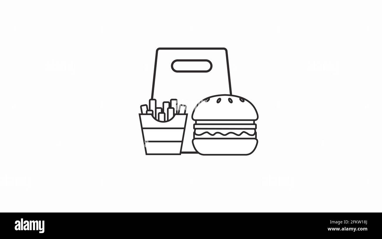 Vector Isolated Illustrazione di Burger e Fries e una borsa da portare via. Black and White Burger e Fries Take Away icona Illustrazione Vettoriale