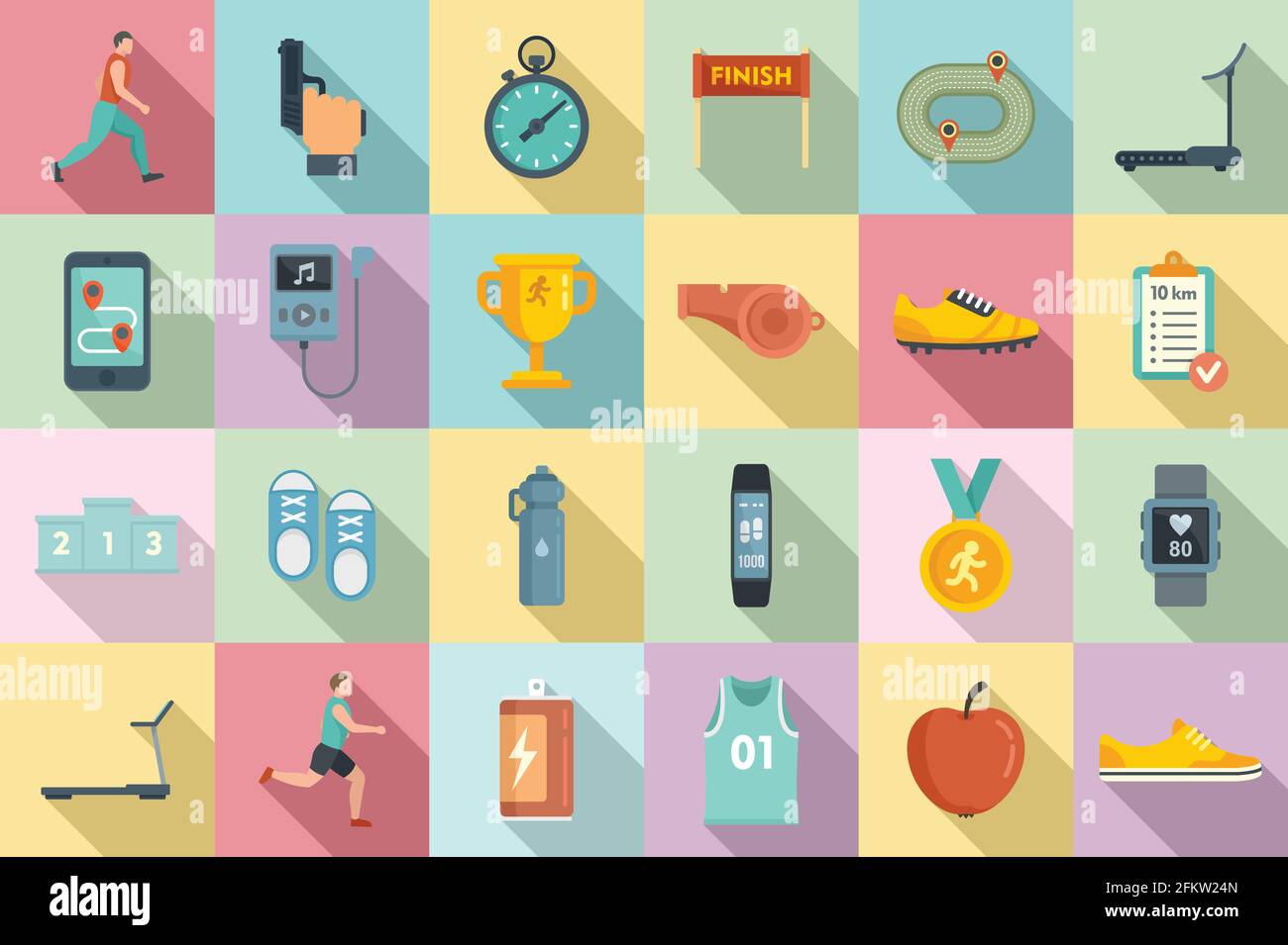 Set di icone di esecuzione, stile piatto Illustrazione Vettoriale