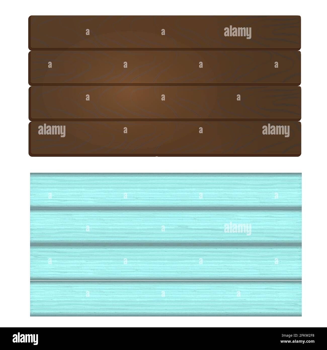 Set di diversi sfondi in legno: Legno dipinto invecchiato e tavole marrone scuro. Illustrazione vettoriale in stile realistico. Piastre isolate su sfondo bianco Illustrazione Vettoriale