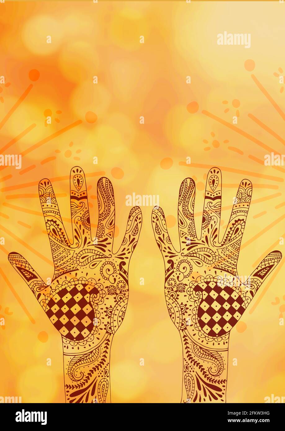 Composizione di mani tatuate con hennè e linea e punto gialli dettagli su sfondo giallo nuvoloso Foto Stock