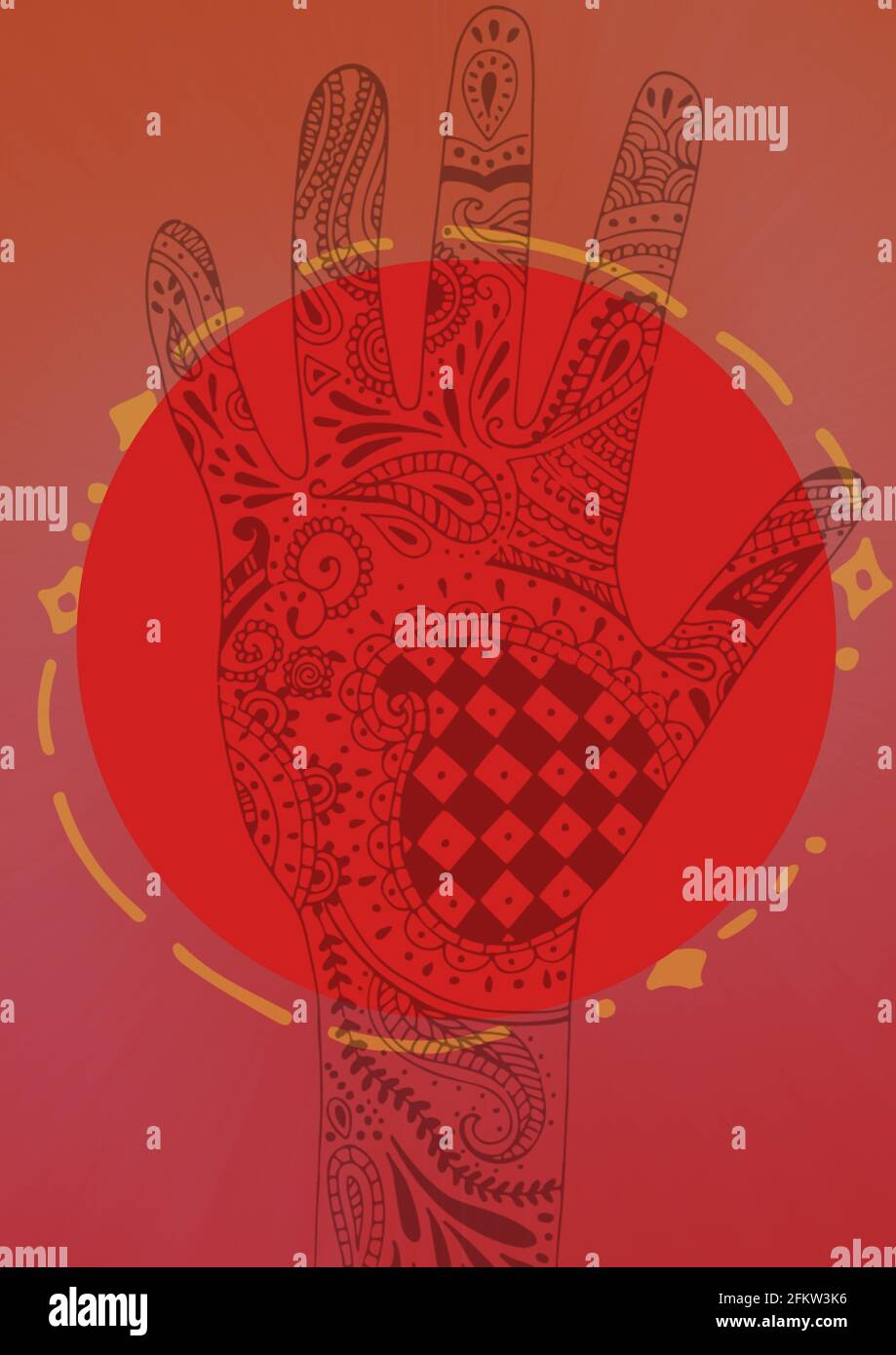 Composizione di cerchio rosso con mano tatuata di hennè al buio sfondo rosa Foto Stock
