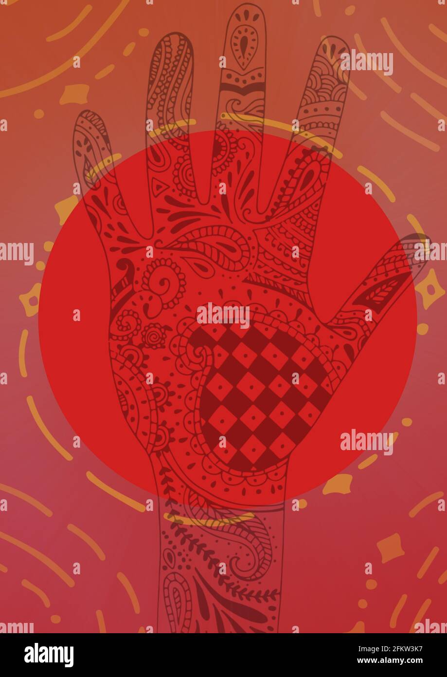 Composizione di cerchio rosso con mano tatuata di hennè e giallo decorazioni su sfondo rosa scuro Foto Stock