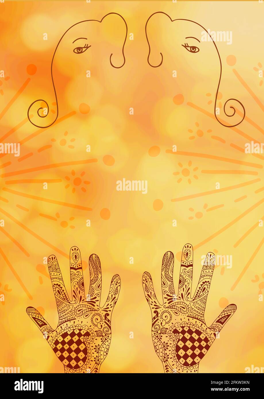 Composizione di mani tatuate di hennè e disegni di testa di elefante sopra sfondo giallo nuvoloso Foto Stock