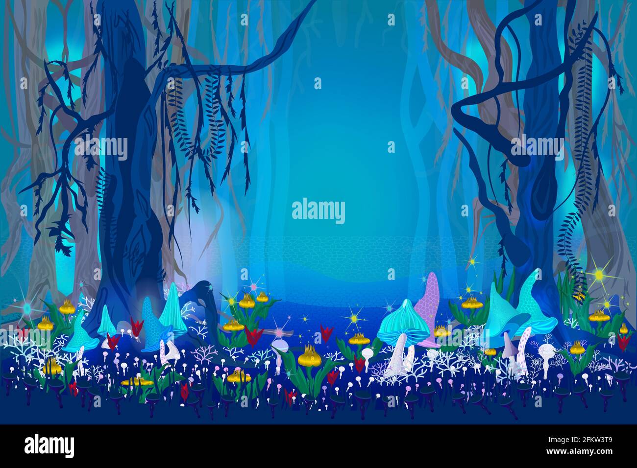 Fantastica foresta misteriosa. Funghi magici e fiori magici e luci. Sfondo fiabesco. Grafica CG digitale del videogioco, Concept Illustratio Illustrazione Vettoriale