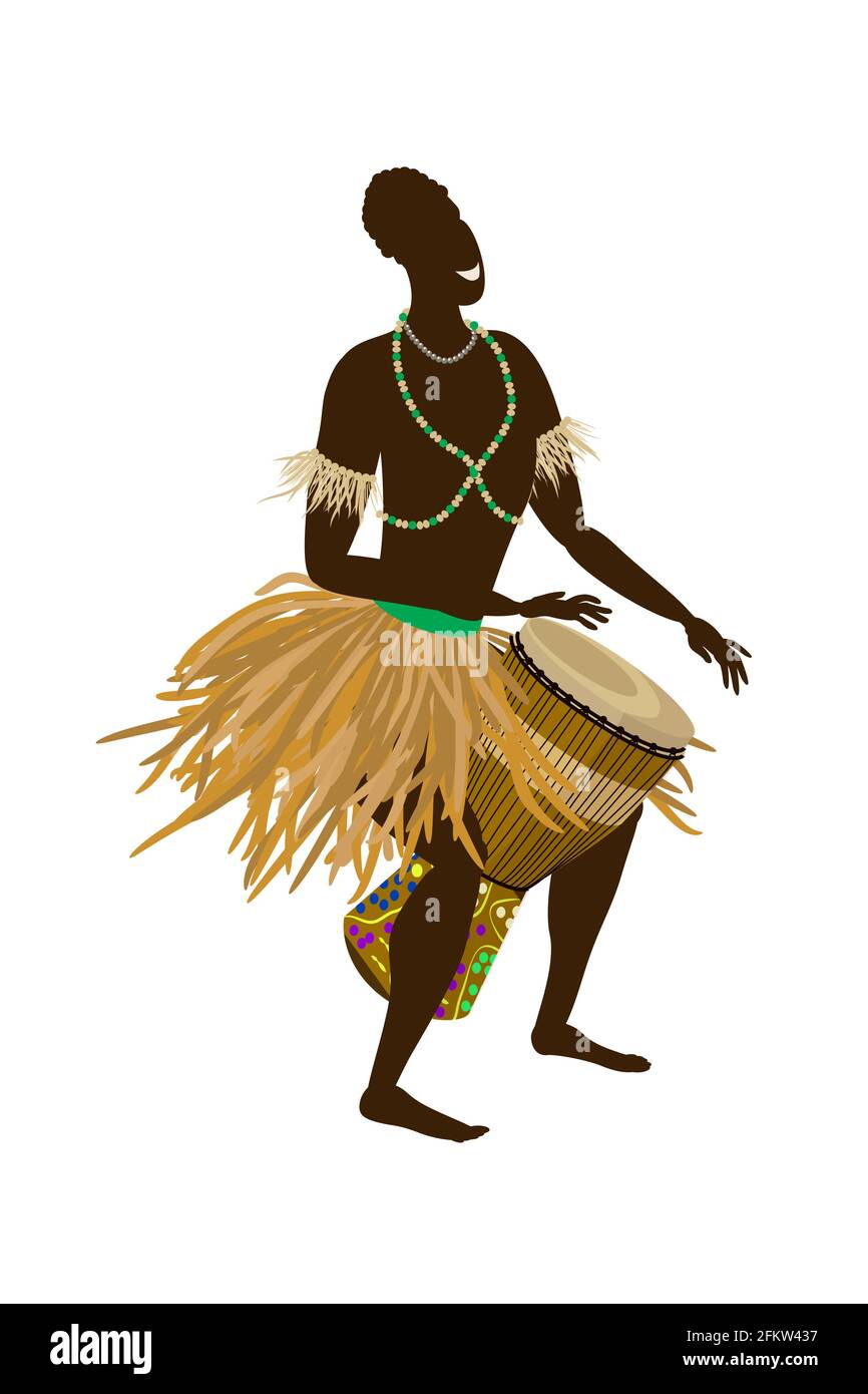 Un uomo africano in costume nazionale gioca un tamburo etnico, djembe. Illustrazione vettoriale in stile piatto isolata su sfondo bianco. Illustrazione Vettoriale