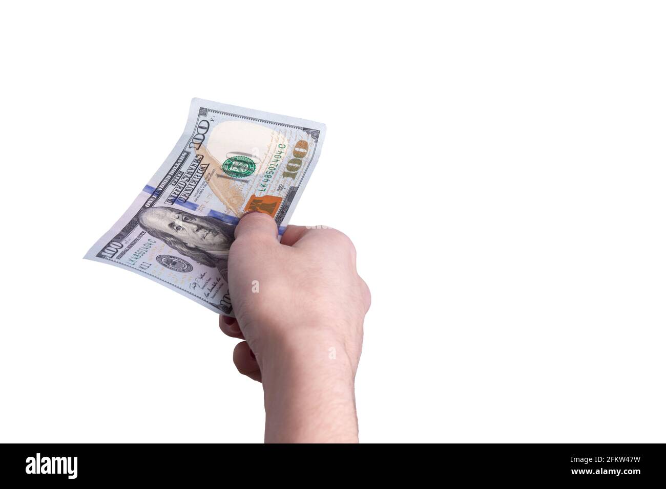 la mano tiene fuori una fattura del dollaro su un fondo bianco Foto Stock