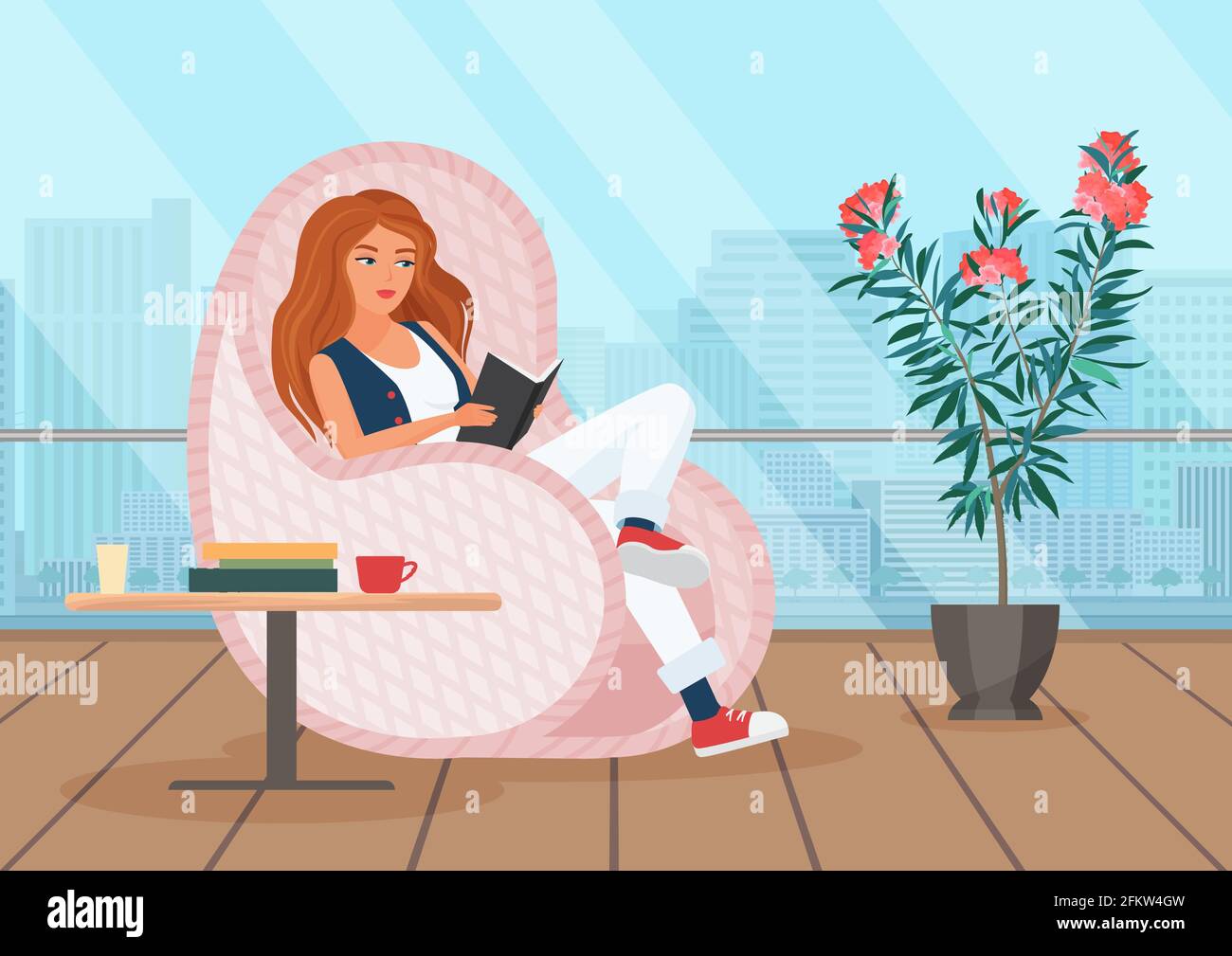 Libro di lettura ragazza sulla terrazza, giovane donna seduta sul balcone, relax all'aria aperta Illustrazione Vettoriale