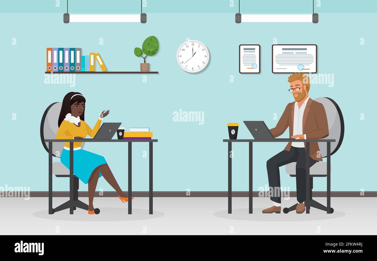 Gli uomini d'affari lavorano, gli impiegati impegnati seduti alle scrivanie, i luoghi di lavoro con i laptop Illustrazione Vettoriale