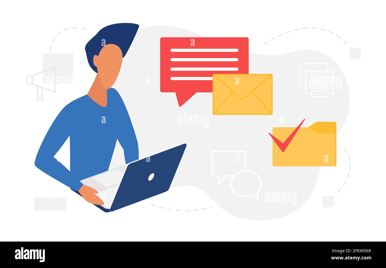 Messaggio e-mail, notifica della lettera e-mail con l'uomo che legge gli sms in arrivo online Illustrazione Vettoriale