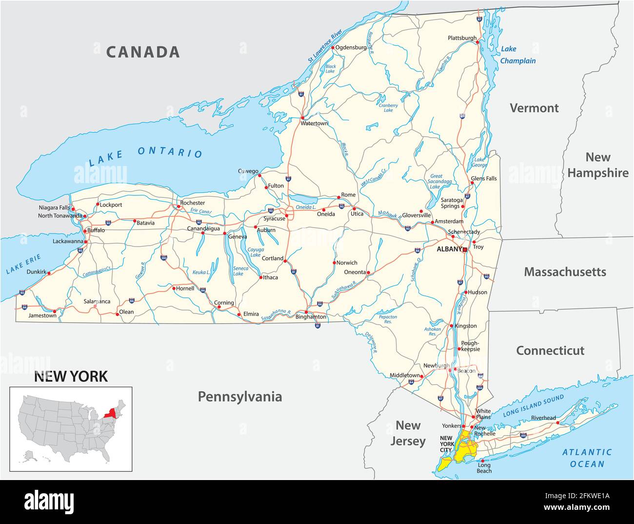 Mappa stradale dello Stato americano di New York Illustrazione Vettoriale