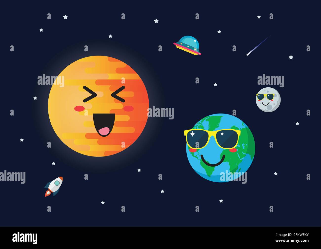 Pianeta terra indossare occhiali da sole contro il carattere del sole. Divertenti emoticon cartoon sullo sfondo dello spazio. Illustrazione Vettoriale