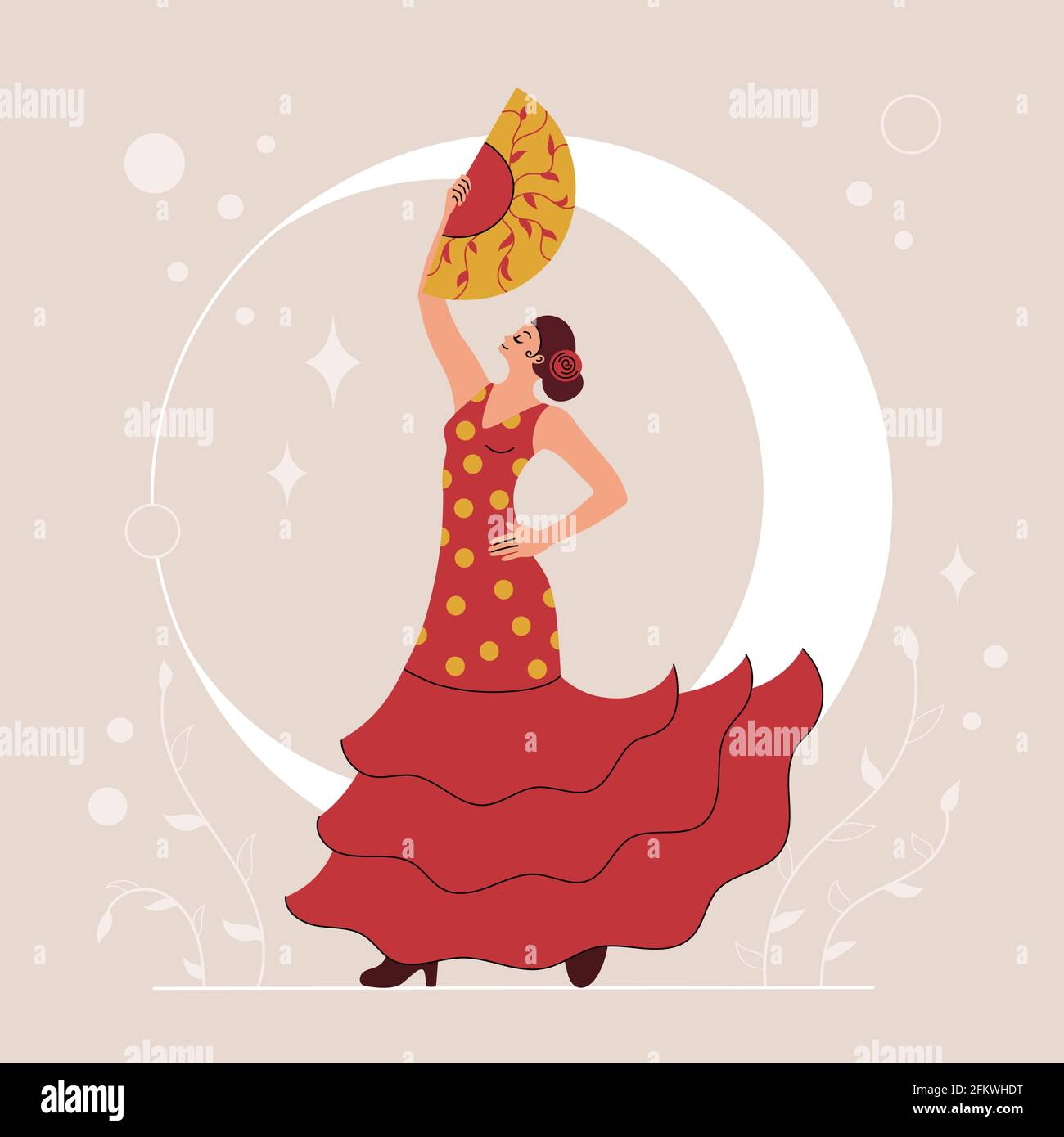 Donna che balla il flamenco e tiene un fan. Illustrazione Vettoriale