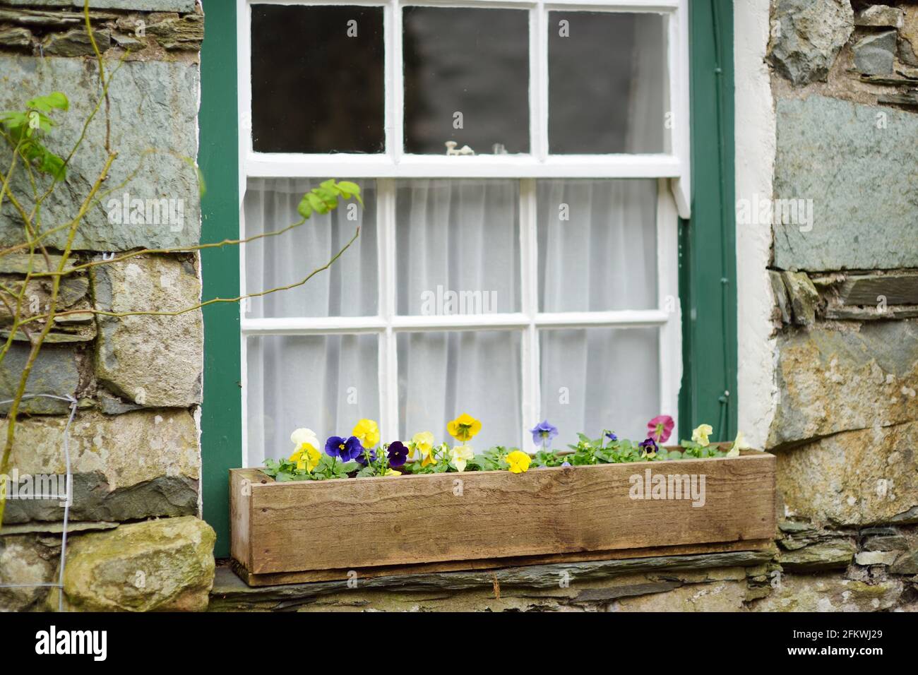 Case del villaggio di Stonethwaite, splendidamente decorate con fiori e verde. Piccolo villaggio situato nella valle del Beck Stonethwaite. Esplorativo Foto Stock