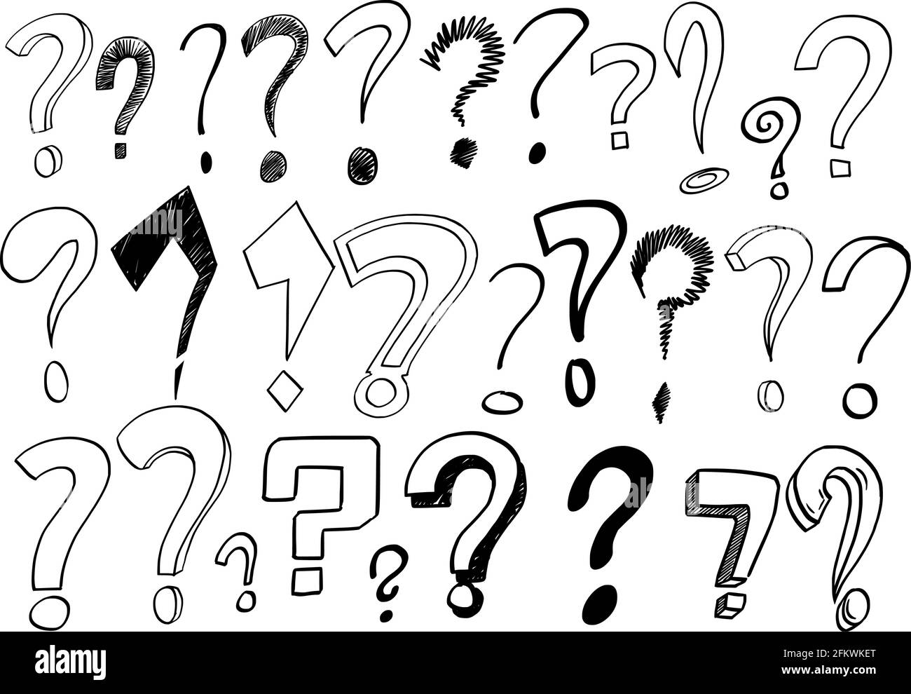 Set di contrassegni di domanda, disegno a mano con cartoni di schizzo, simbolo di domanda Illustrazione Vettoriale
