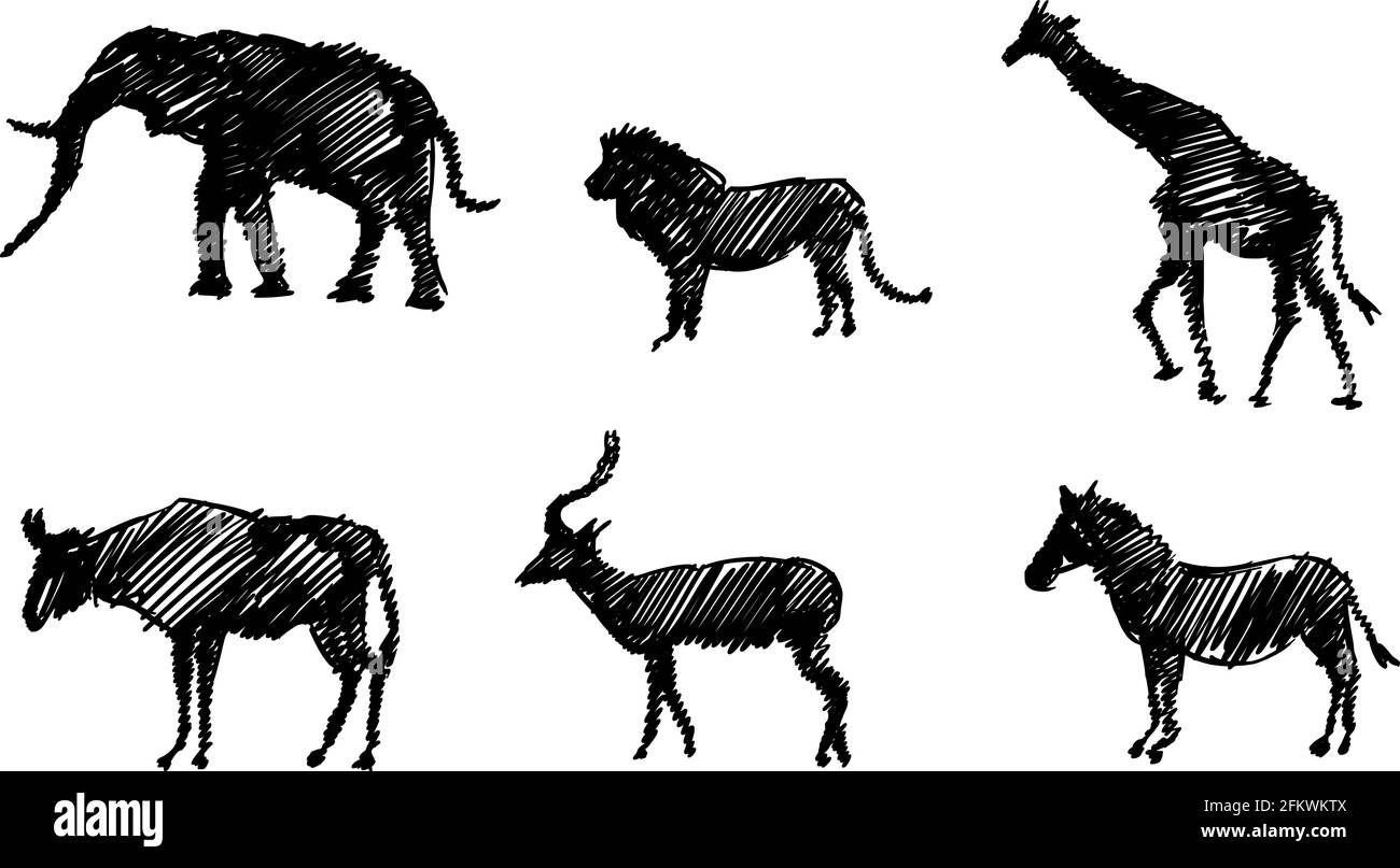 Set di silhouette abbozzate di animali dell'Africa. Elephant, Giraffe, Lion, Impala, Zebra e GNU. Illustrazione Vettoriale