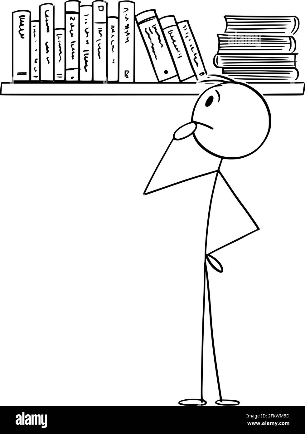 Persona che sceglie il libro da leggere dalla Libreria, illustrazione della figura del bastone del cartone del vettore Illustrazione Vettoriale