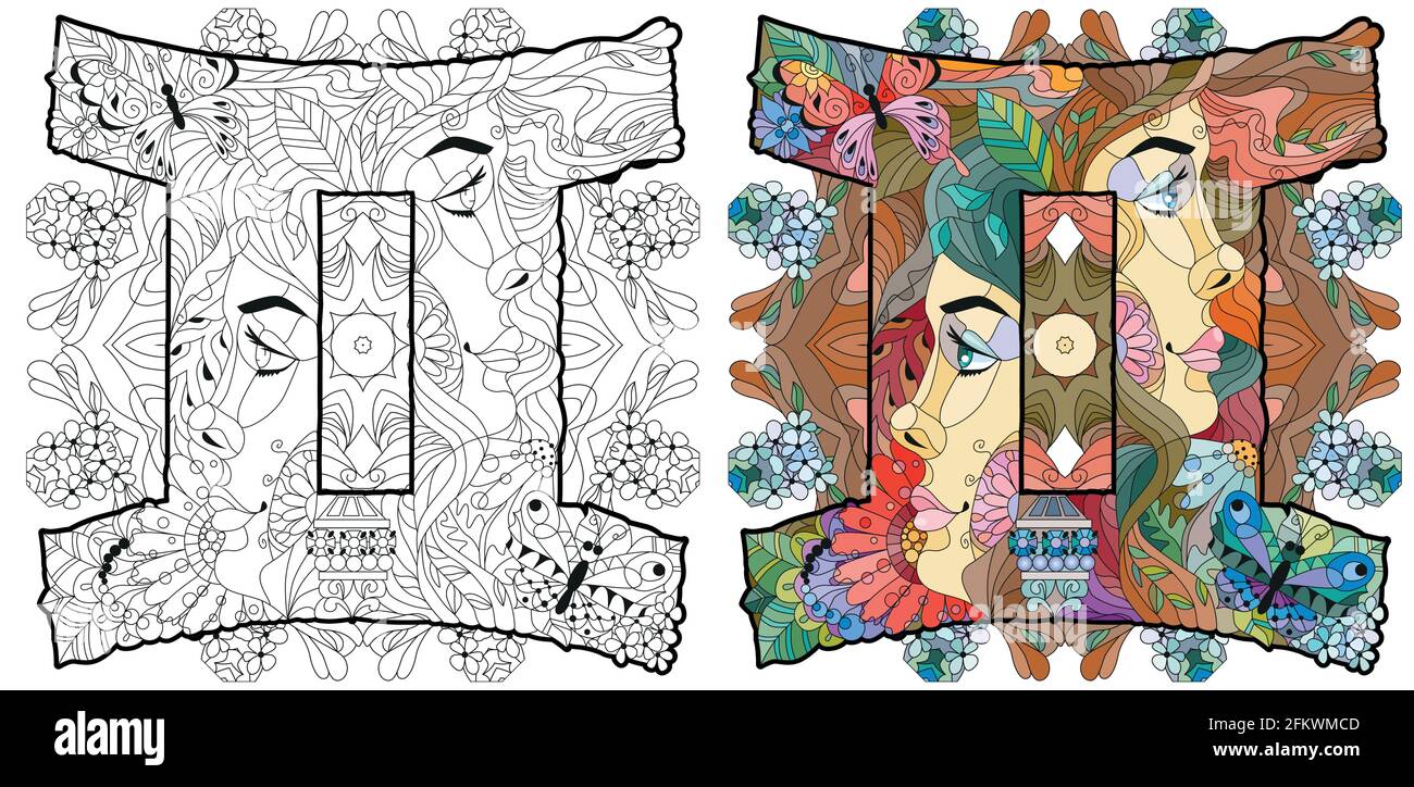 Gemini segno zodiaco con mandala, astrologia concetto art. Tattoo design. Set di colori e contorni Illustrazione Vettoriale