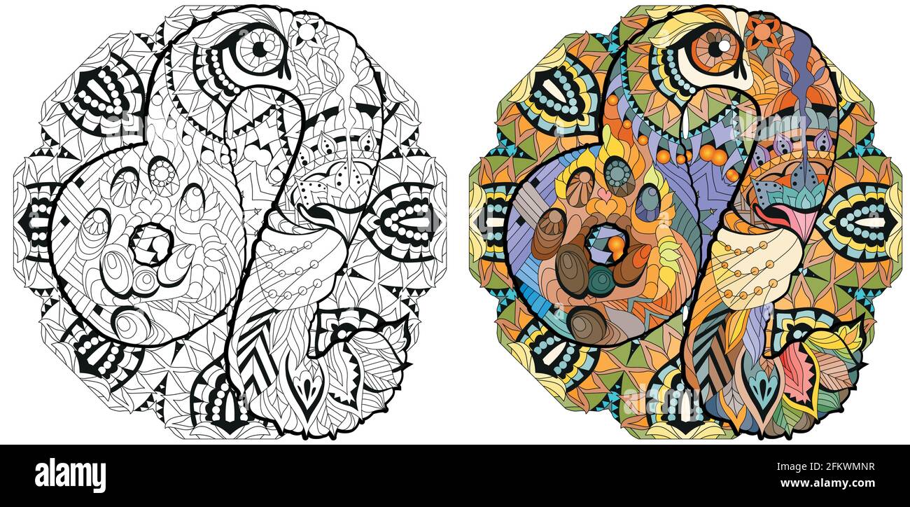 Leo segno zodiaco con mandala, astrologia concetto art. Tattoo design. Set di colori e contorni Illustrazione Vettoriale