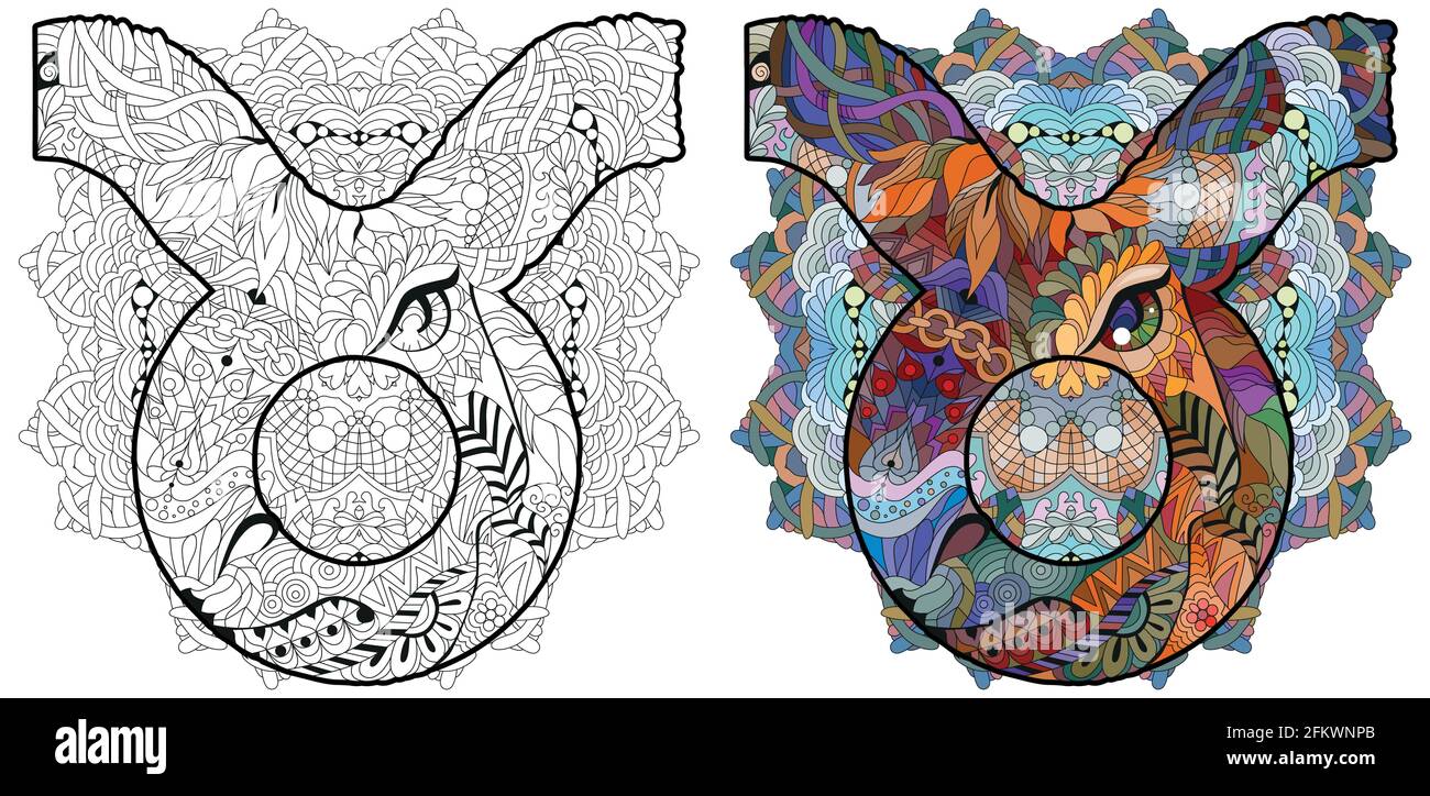 Taurus segno zodiaco con mandala, astrologia concetto art. Tattoo design. Set di colori e contorni Illustrazione Vettoriale
