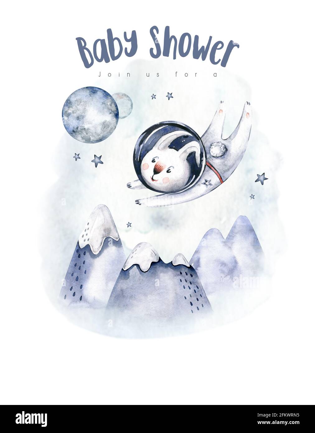 Astronauta bambino ragazzo ragazza elefante, gatto volpe e coniglietto, tuta spaziale, cosmonauta stelle, pianeta, luna, razzo e navetta isolato acquerello nave spazio illu Foto Stock