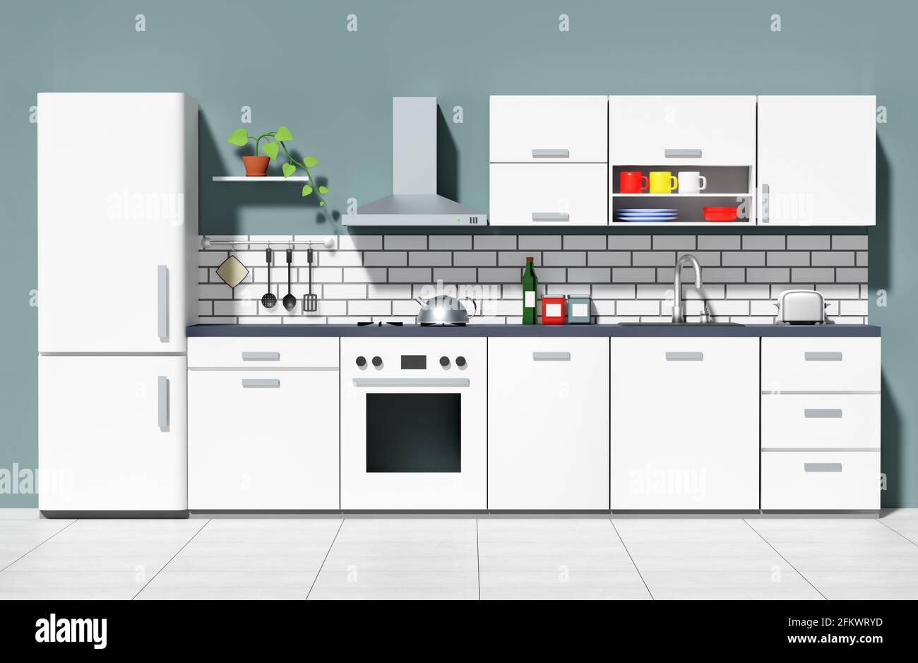 Rendering interno cucina moderna bianca - illustrazione 3d Foto Stock