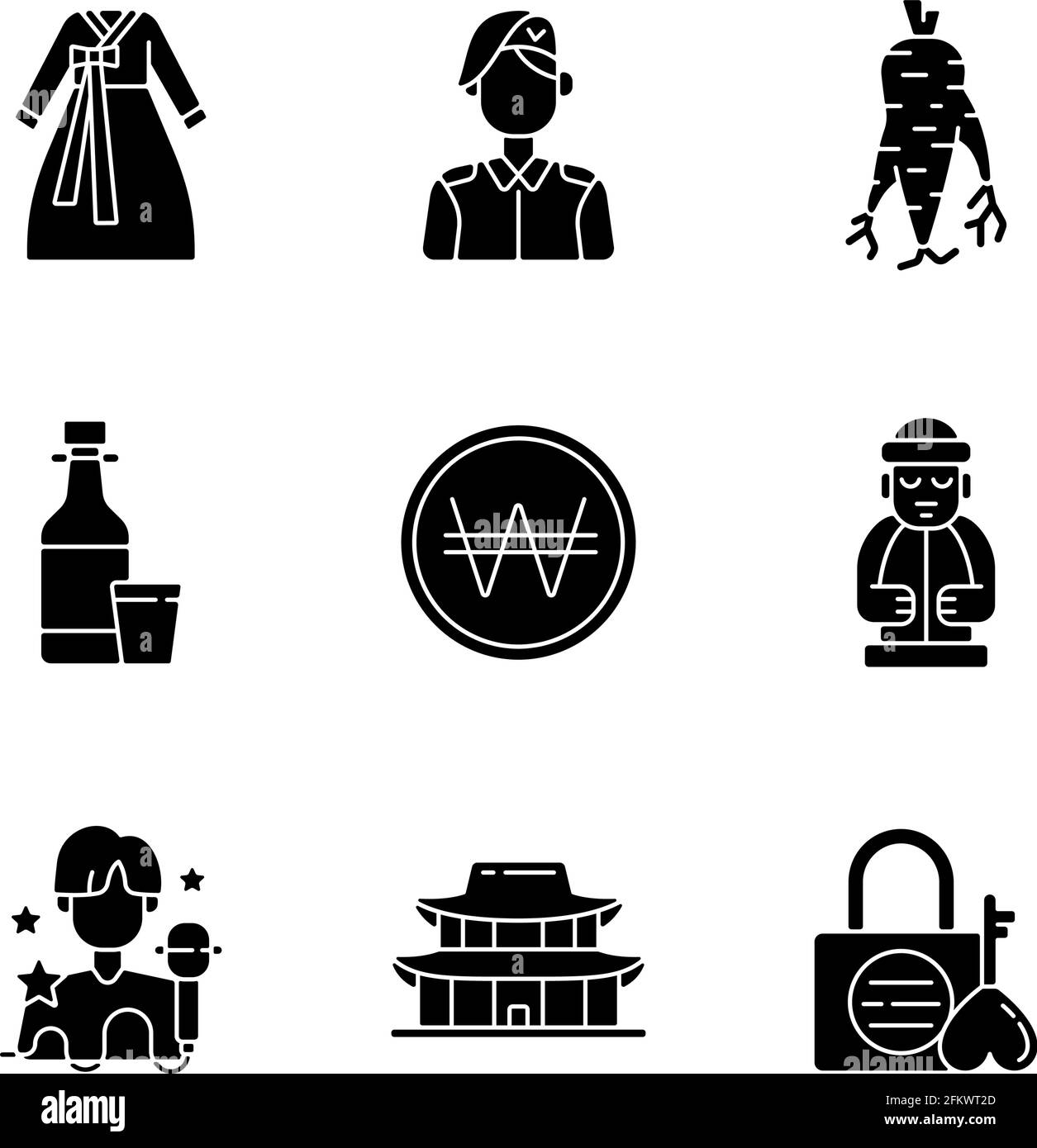 Cultura della Corea glifo nero icone set su spazio bianco Illustrazione Vettoriale