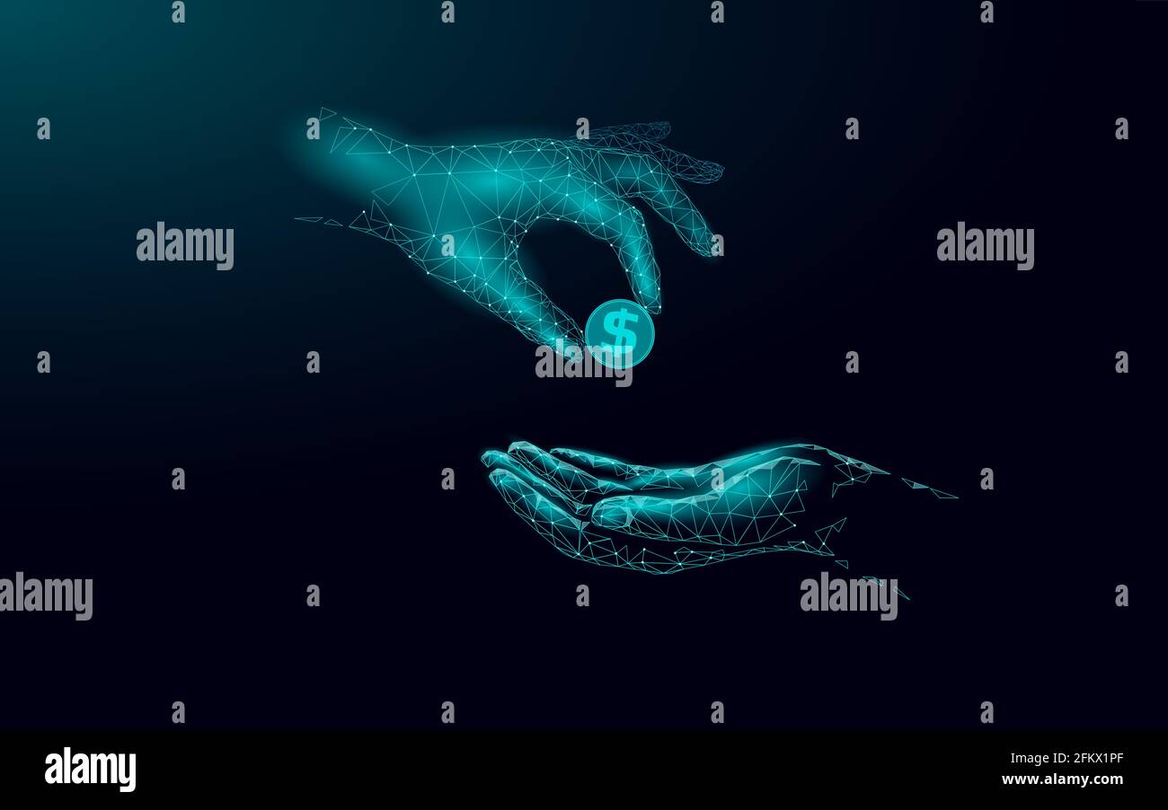 Raccolta di fondi dando mano di denaro. Volontariato di beneficenza donare progetto sociale. Finanziamento finanziario scuro basso polyvector illustrazione Illustrazione Vettoriale