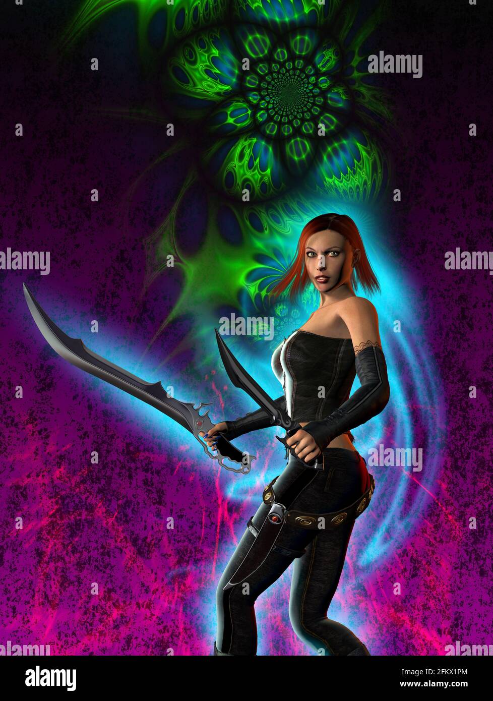 donna guerriero fantasy con spade, illustrazione 3d Foto Stock
