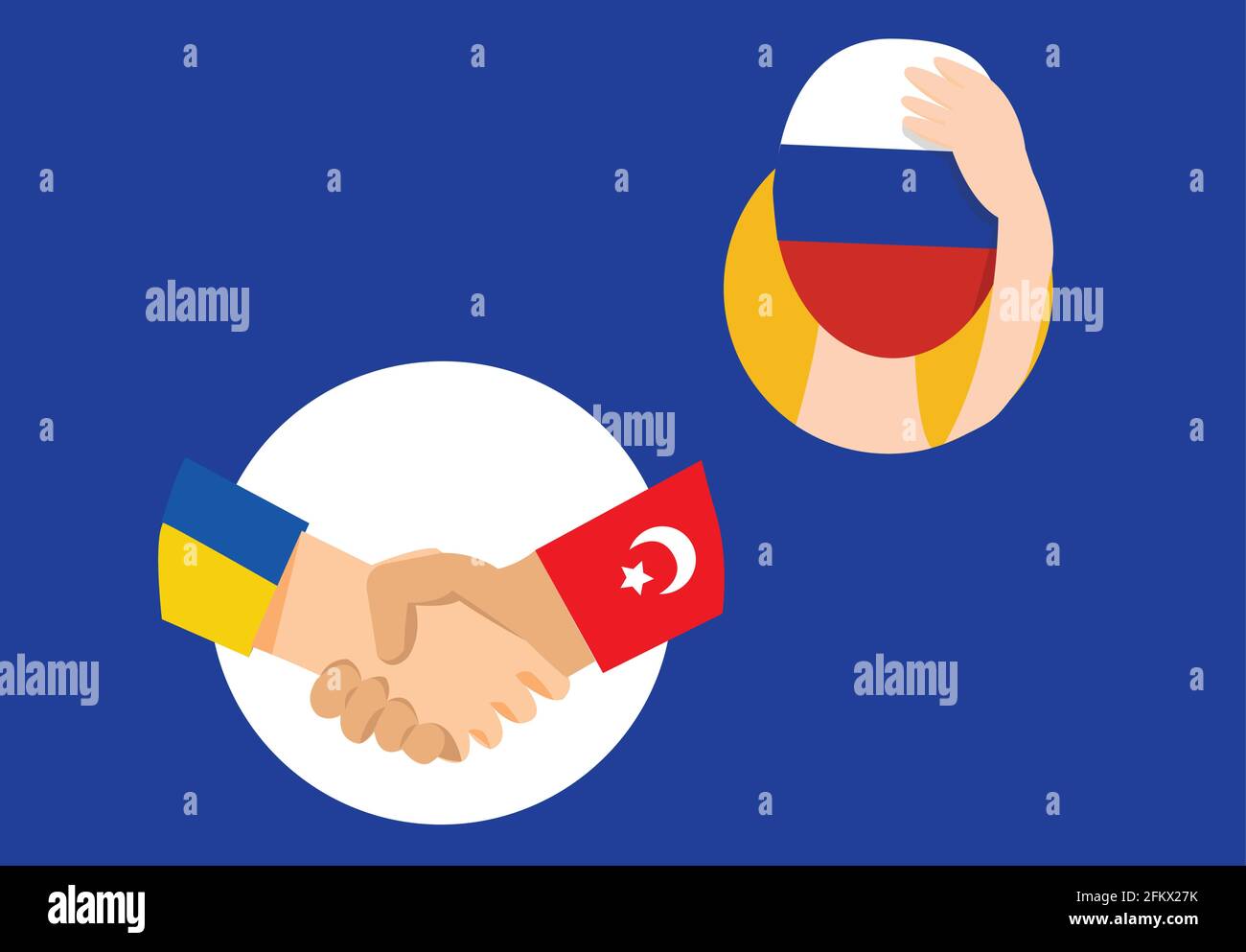 L'Ucraina e la Turchia scuotono la mano e la Russia possono essere viste a distanza, arte di concetto circa la tensione fra Ucraina, Turchia e Russia Illustrazione Vettoriale