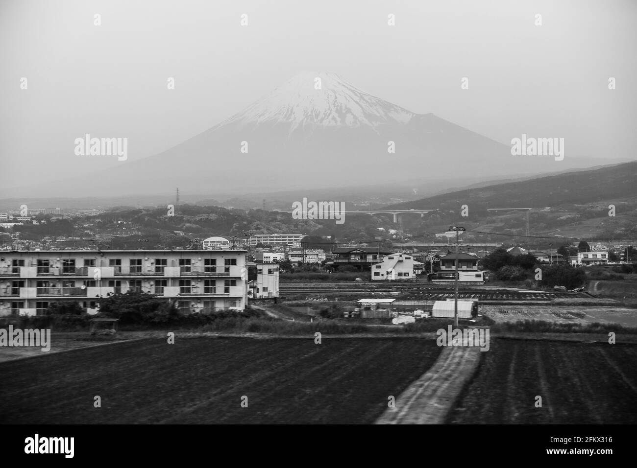 Vista del Monte Fuji, la montagna più famosa del Giappone, con una foschia nel cielo e terreni agricoli in risaie in primo piano. In bianco e nero monocromatico. Foto Stock