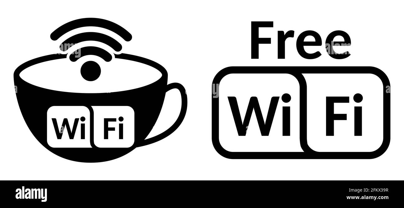 Accesso wi-fi a internet gratuito con caffè o tè, simbolo per il ristorante e il caffè. Illustrazione vettoriale monocromatica nera. Illustrazione Vettoriale