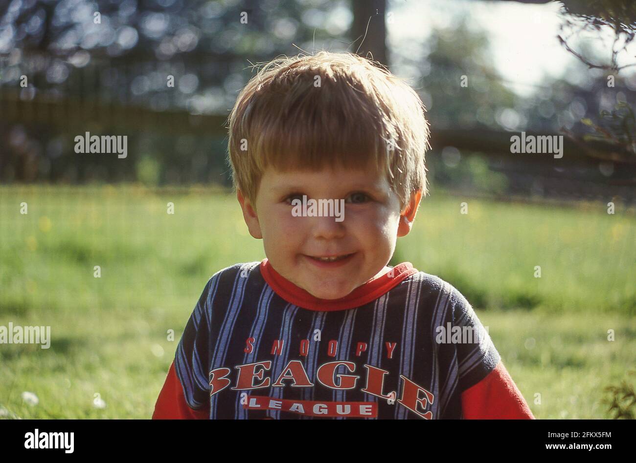 Giovane ragazzo seduto in campo, Berkshire, Inghilterra, Regno Unito Foto Stock