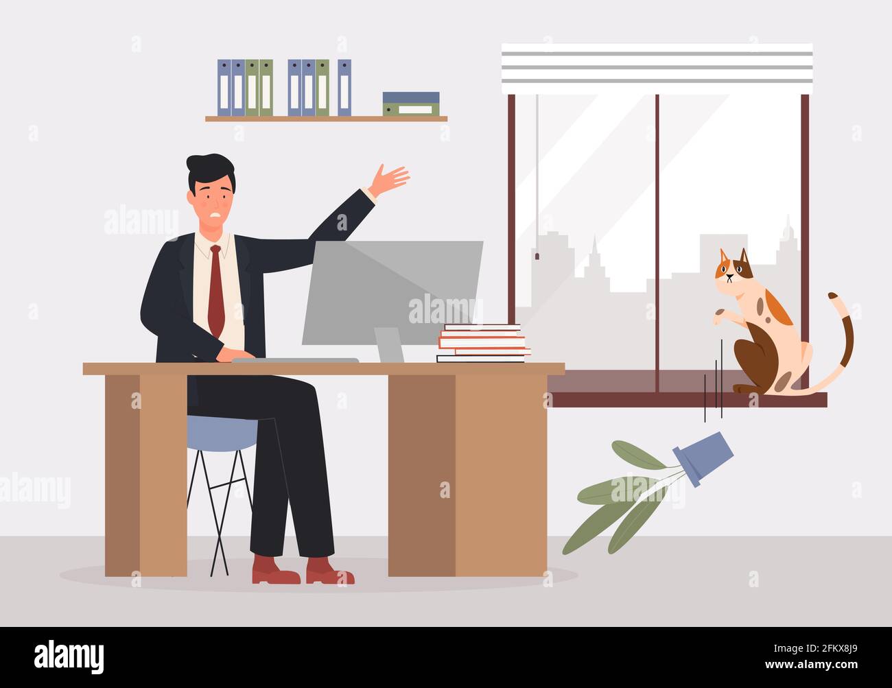 Comportamento problematico di animale domestico, vaso di fiori di gatto caduto rotto, gattino giocoso Illustrazione Vettoriale