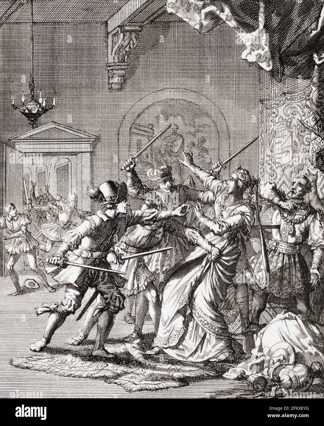 L'assassinio di Re Giacomo i di Scozia a Perth nel febbraio 1437. Re Giacomo i, re di Scozia, 1394 - 1437. Dopo un lavoro di Jan Luyken. Foto Stock